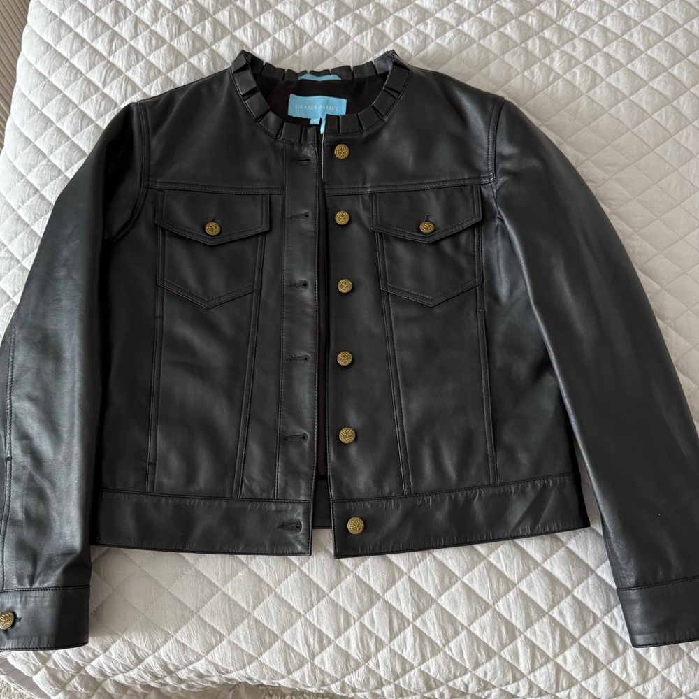 Draper James Black Leather Jacket with Gold Buttons